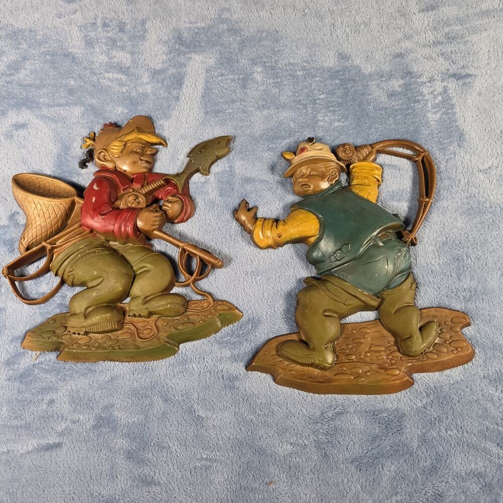 Vintage 1970 Sexton Fisherman Wall Plaques Pair Cast Aluminum USA Fishing Decor